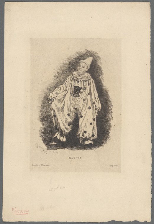 Engraving of a man in spotted Harlequin costume with flowing cape, head thrown back in exuberant theatrical gesture.