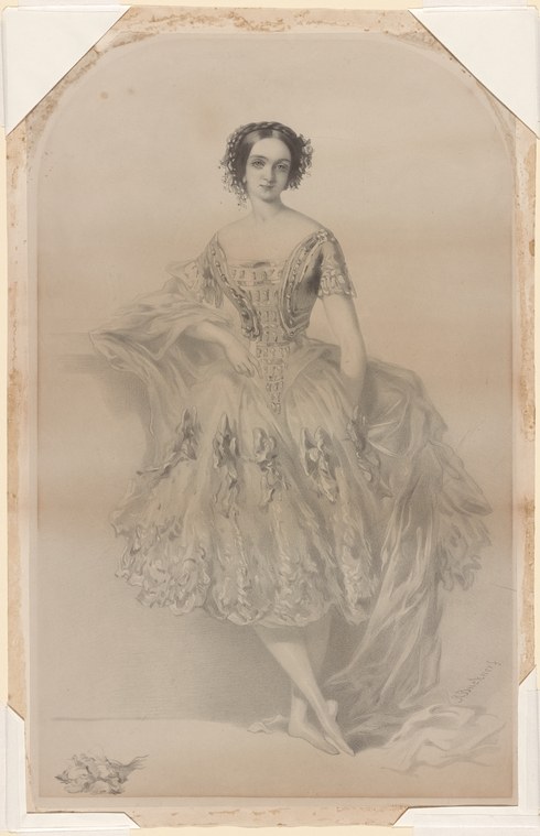 A young woman in a 1840s ball gown with short sleeves and tiered skirt, drawn in graphite, mid-turn in a dancing pose.