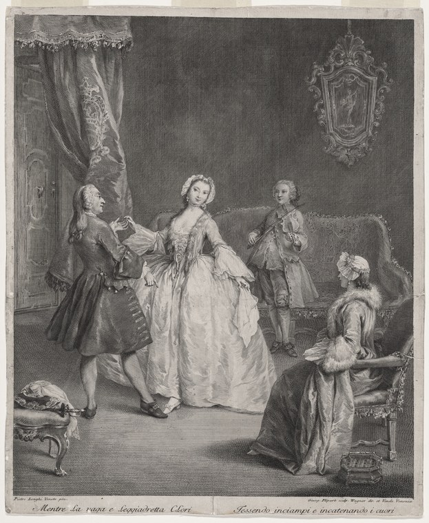 Engraving: dancing master instructs young woman in posture while two observers watch. 18th-century interior with curtains and furniture.
