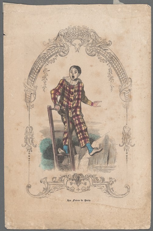 A single figure in checkered coat leaning on a staff with exaggerated expression, framed by ornate scrollwork.