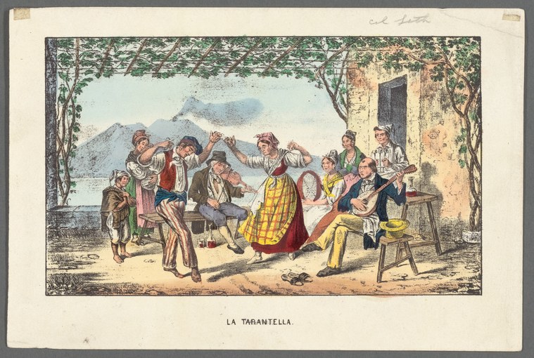 Hand-colored engraving showing figures in bright costumes dancing the tarantella outdoors beneath a vine-covered pergola, with musicians seated nearby.
