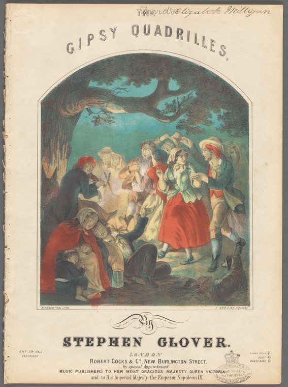 Hand-colored engraving: figures in 1800s dress gather around a nighttime campfire in a woodland glade, lit by moonlight and firelight.