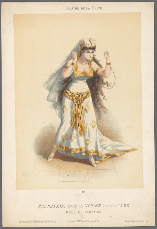 Woman in elaborate white and gold dress with floating blue veil and tiara, arms raised in theatrical pose, soft watercolor rendering.