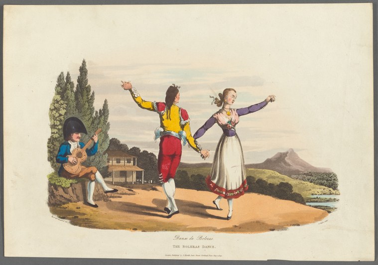 Hand-colored print of a man and woman dancing outdoors, a seated guitarist beside them, Mediterranean landscape behind.