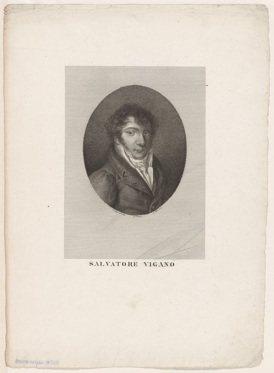 Engraved portrait of a man in early 19th-century dress, head tilted thoughtfully, labeled Salvatore Viganò.