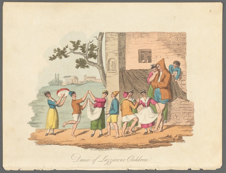 Hand-colored engraving of a group of Neapolitan children in bright tunics dancing and playing outside a brick building beside the sea.