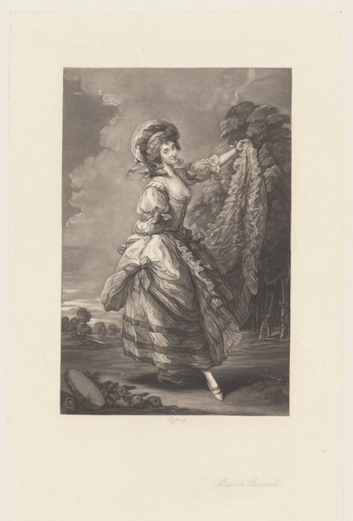 An 18th-century engraving of a woman in a pale muslin gown, standing in a ballet pose with one arm raised, a gauzy scarf flowing around her.