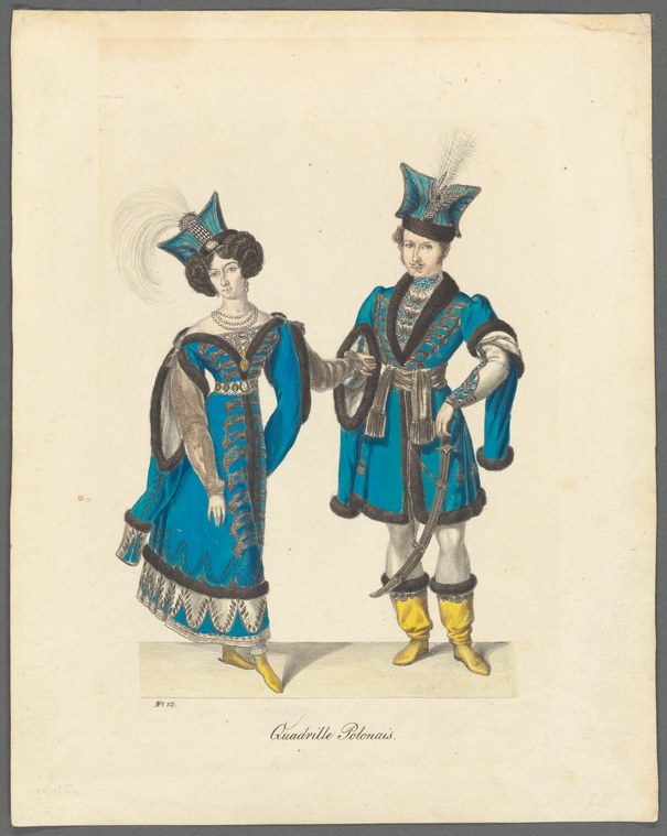 Two figures in matching Russian-style embroidered blue coats and tall feathered headdresses stand in formal pose against a plain background.