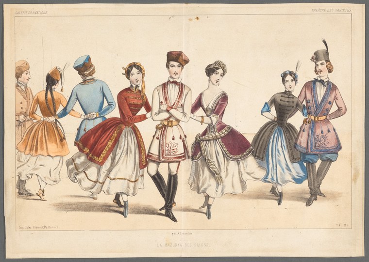 Nine dancers in 1840s costumes arranged in a processional line, performing the mazurka in formal salon dress.
