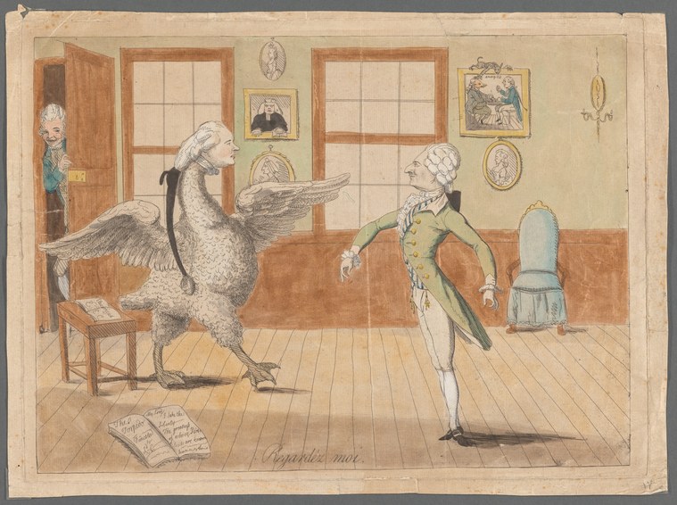 18th-century engraving: fashionable young man and bird-headed creature strike exaggerated poses facing each other in a refined interior.