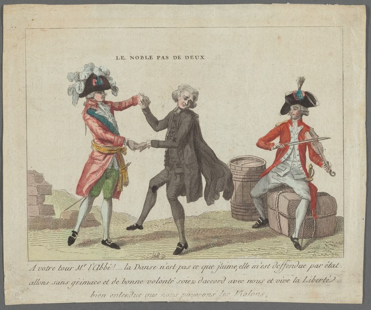 Three men in 18th-century dress gesture in a bare room: a nobleman invites a clergyman and officer to dance.