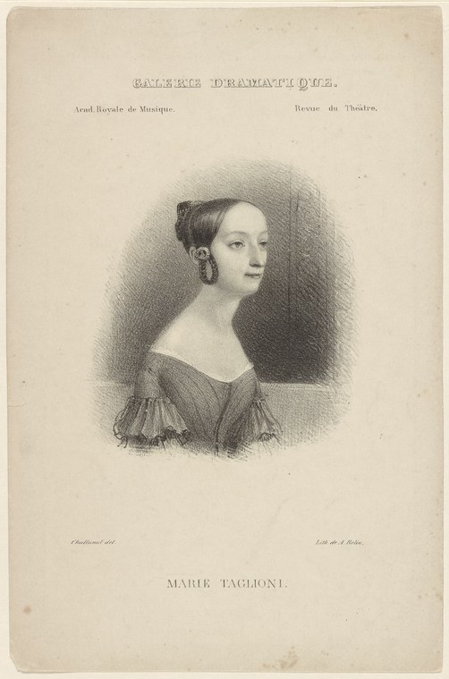 Portrait bust of a young woman in Romantic-era dress with puffed sleeves, identified below as Marie Taglioni.