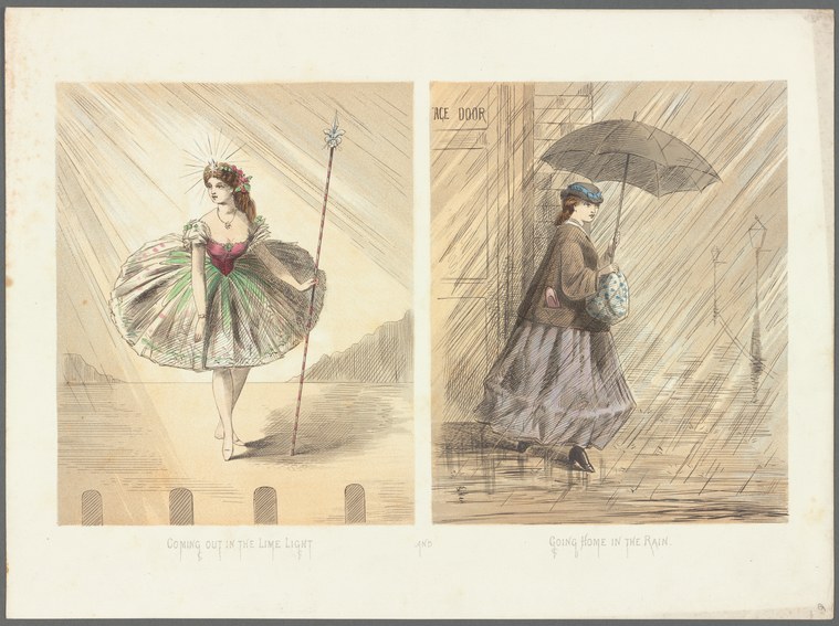Two side-by-side scenes: a woman in an elaborate ball gown with tiara under stage lights, and the same woman in a wet coat with umbrella leaving in rain.