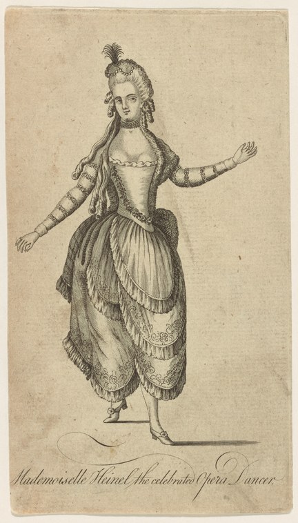 A woman in an 18th-century ballroom costume with an ornate bodice and looped skirt poses in a lifted balletic stance, one arm raised gracefully.