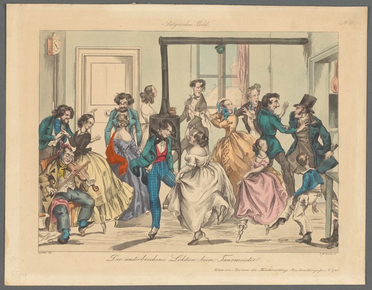 Hand-colored engraving of a chaotic dance lesson in an 18th-century studio, with formally dressed figures falling and colliding while a dancing master gestures.