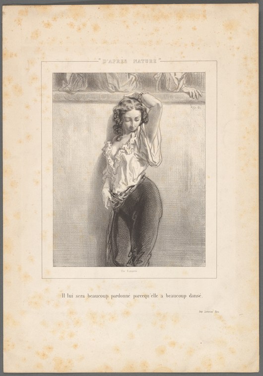 A woman in a lace-trimmed white chemise and dark skirt stands in a relaxed pose, one arm raised to her head, gazing downward.
