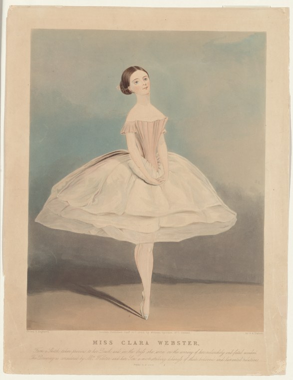 Young woman in pale ballet dress standing on one leg with the other extended behind, gazing upward, against a grey-blue background.