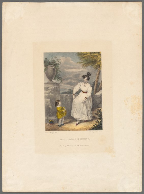 A woman in a white high-waisted dress instructs a small child in a yellow coat, outdoors in a garden, in an early 19th-century dance lesson.