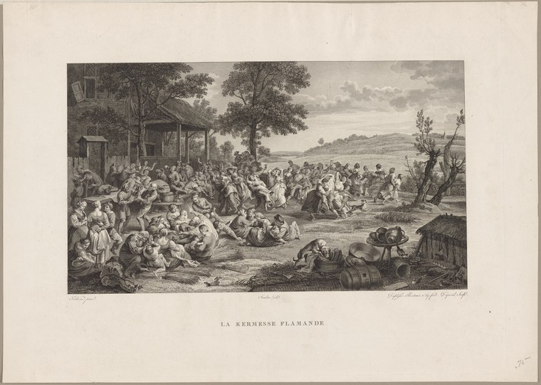 Engraving of a crowded outdoor village fair with dozens of figures dancing, eating, and socializing around pavilions and trees.