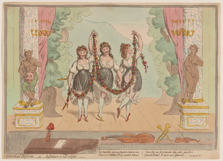 Three female dancers in formal pose holding floral garlands stand on a theatrical stage framed by pink drapery and classical statuary; scattered musical