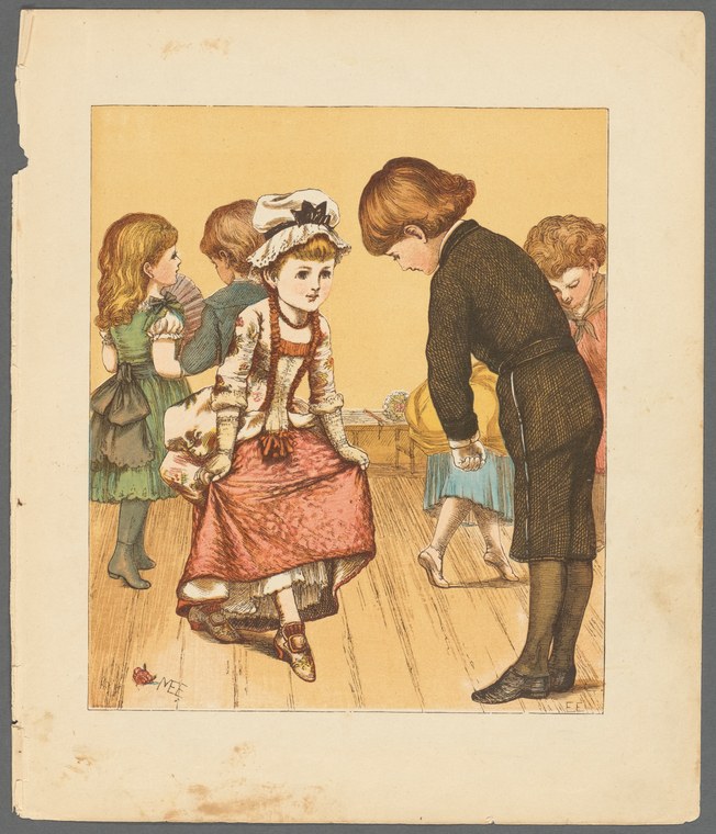 Five children in Victorian dress in an indoor lesson: a boy bows to a girl in a pink skirt with extended leg, watched by three other children.