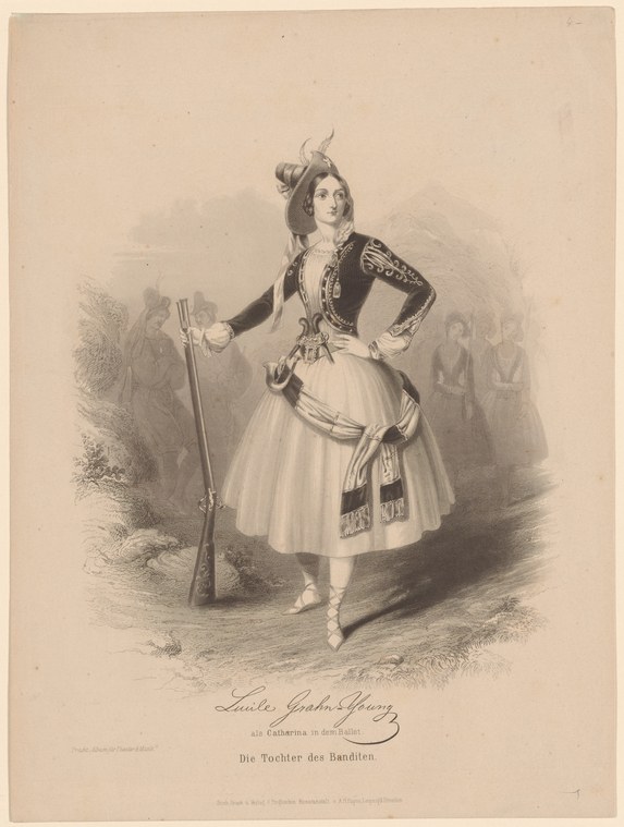 Female dancer in white tulle tutu and ornate military jacket, feathered headdress, and pointe shoes, standing with rifle; theatrical lithograph, signed by
