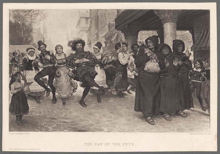 A black-and-white engraving of costumed figures dancing energetically on a street during a carnival or fête, with crowds and city architecture in the