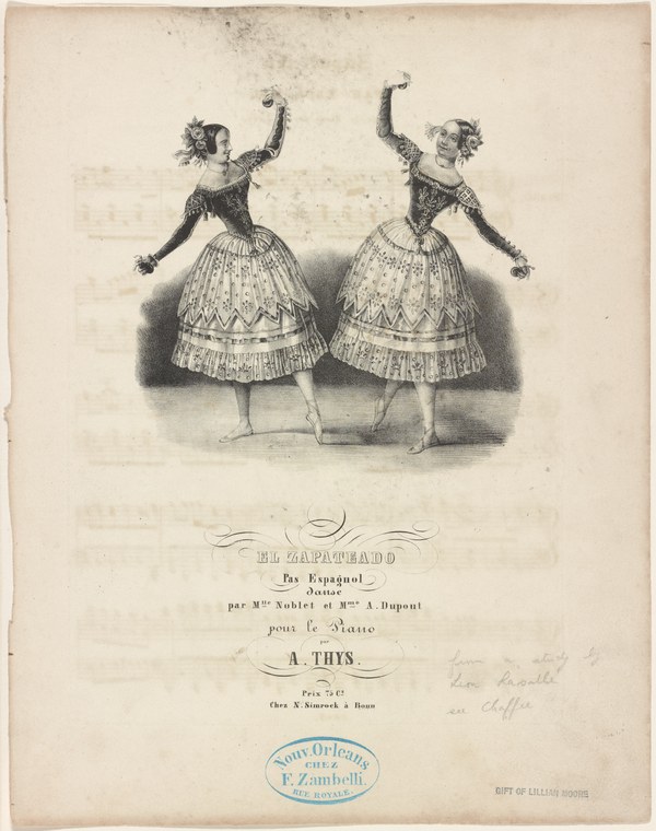 Two identically posed female ballet dancers in matching tiered skirts and sleeves, arms raised symmetrically, facing forward in a mid-19th-century theatrical