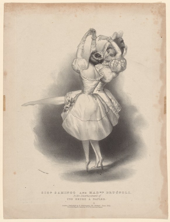 A female ballet dancer in white tulle performs an extreme back arch on pointe, arms lifted, head thrown back, in a Romantic-era theatrical pose.