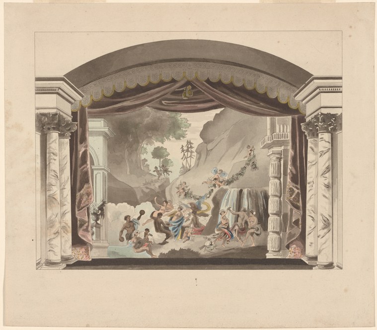 Hand-colored engraving of a theatrical stage with classical columns framing a gathering of dancers in classical dress within a misty landscape.