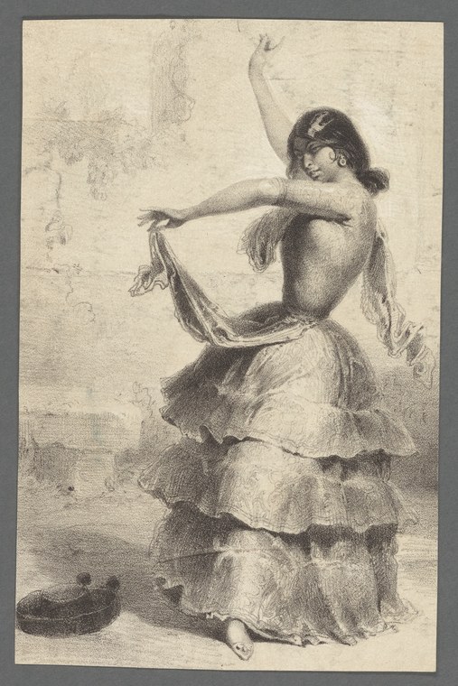 A black-and-white engraving of a bare-breasted female dancer in classical drapery, standing in profile with her right arm raised and left arm holding fabric.