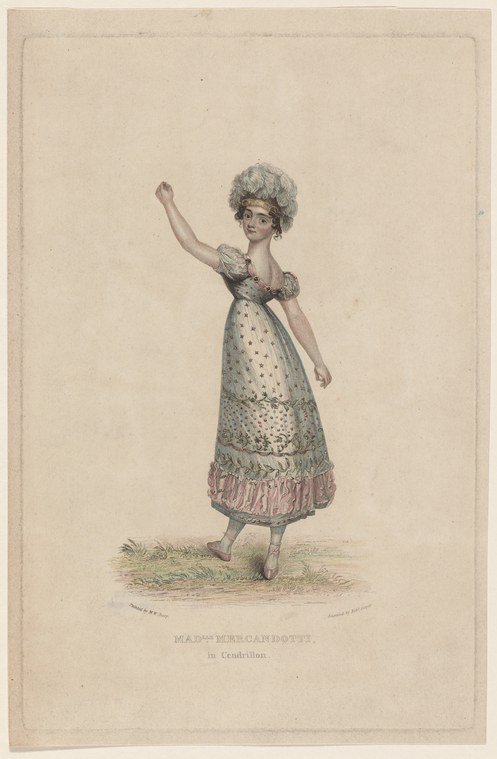 A woman in a Regency-style muslin gown with pink-trimmed hem stands in a ballet pose, left leg raised behind, both arms extended in classical positions.