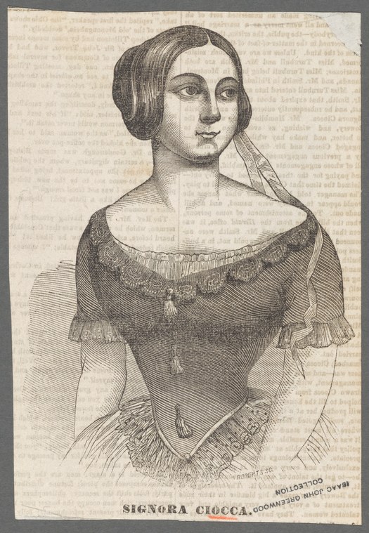 Engraved portrait of a woman identified as Signora Ciocca, shown from the waist up in formal dress with dark hair and lace collar.