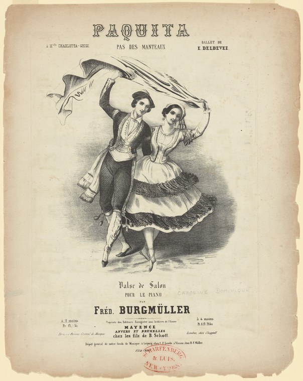 Engraved image of a man and woman waltzing, the woman's full white skirt caught mid-spin, a floating manteau billowing behind them.