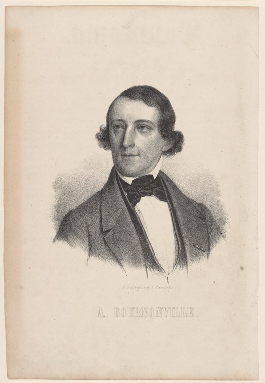 Formal portrait lithograph of a dark-haired man in 19th-century evening dress with bow tie, identified as A. Bournonville.