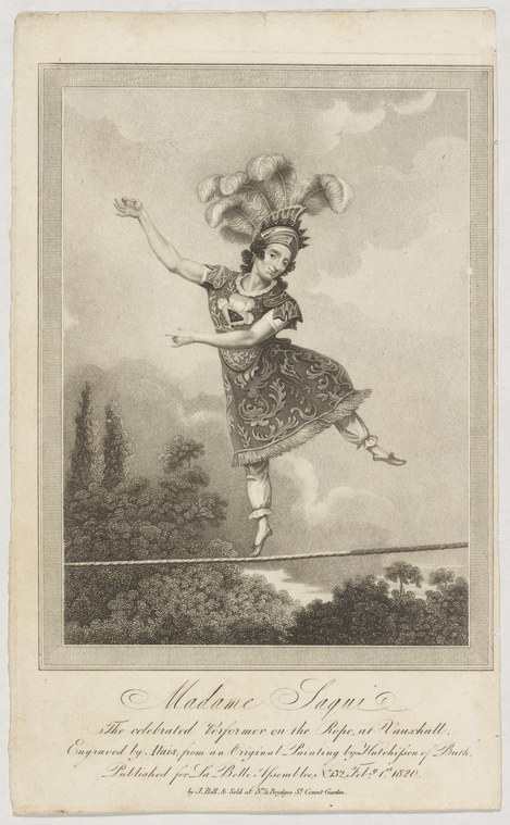 Engraving of Madame Saqui balanced on a tightrope at Vauxhall Gardens, arms raised, in an ornate patterned dress.