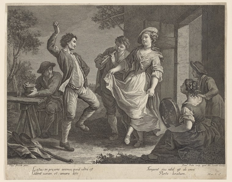 A woman in white cap and chemise dances with raised arm amid a group of peasants in a rustic setting, engraved print.