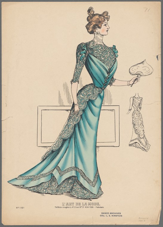 Edwardian-era fashion plate: standing woman in teal gown with ornate beaded bodice, draped skirt with train, holding a fan.