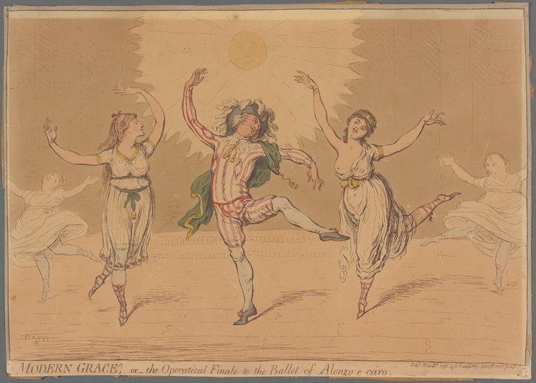 Five classical dancers in muslin gowns strike uplifted poses around a stage; hand-colored engraving, early 19th century.
