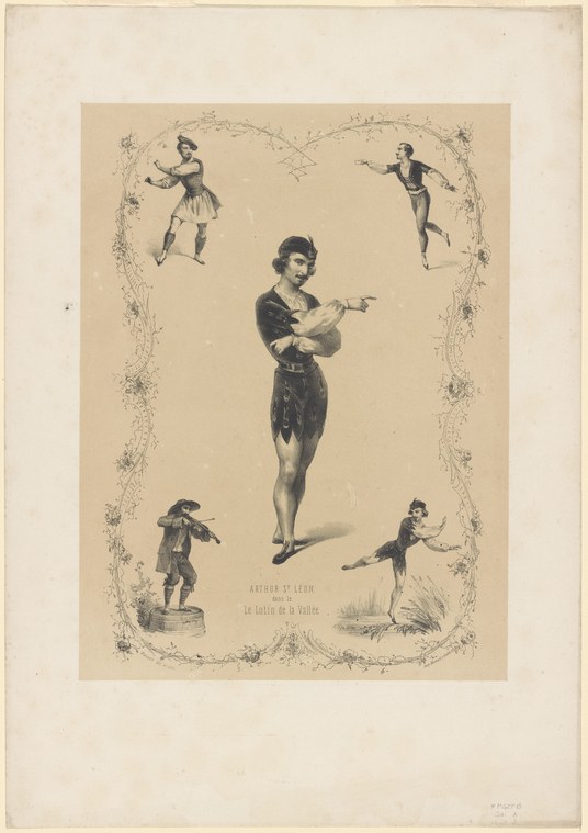 Engraving of male ballet dancer in dark tunic and tights with raised arms, surrounded by ornamental vine border and four smaller figures in similar poses.