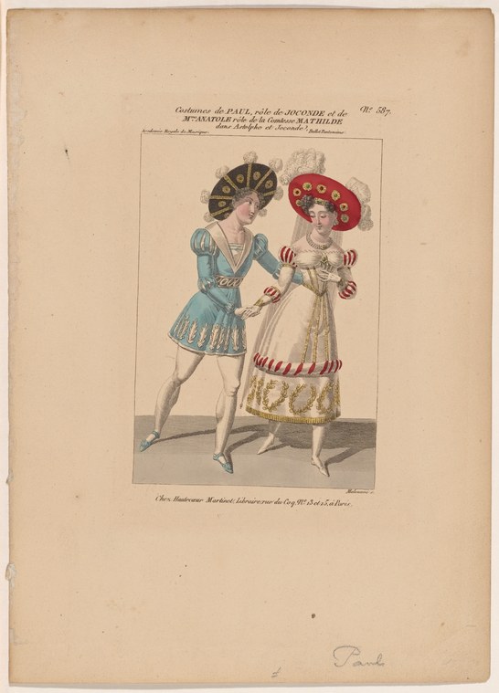 Hand-colored engraving of two dancers in elaborate 18th-century theatrical costumes, the male in a blue tunic with high leg extension toward a female dancer in