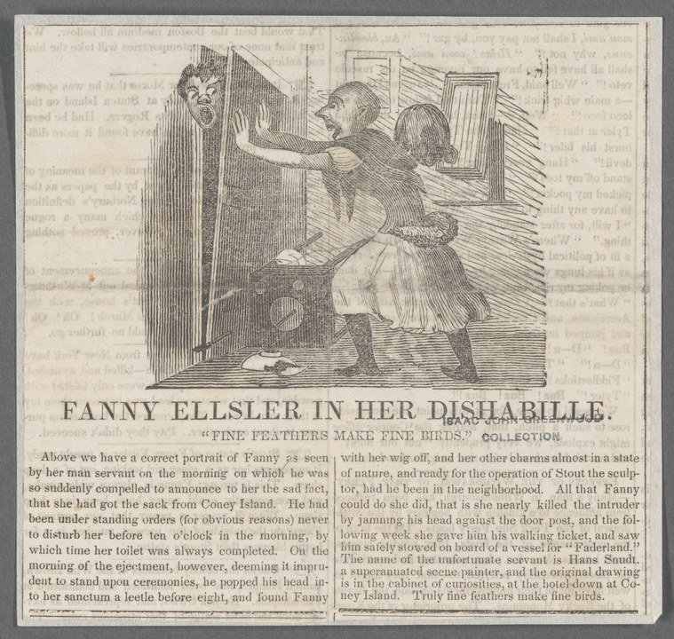 Engraving: woman in loose dress lunges toward man at doorway, arms raised, grasping his head. Interior setting with wooden paneling.