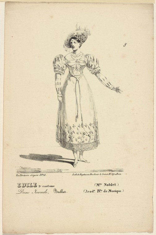 Line engraving of a woman in an early 19th-century theatrical costume with puffed sleeves, feathered headdress, and embroidered skirt hem, standing in a formal