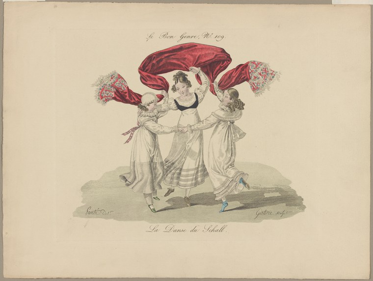 Three women in white muslin dresses hold billowing red silk scarves above their heads while standing close together, wearing bonnets trimmed with flowers.