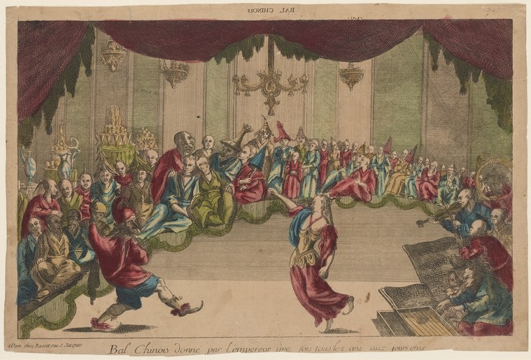 Colored engraving showing acrobatic performers contorted and inverted at the center of a grand court hall, surrounded by formally dressed courtiers.