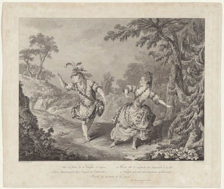 Two elaborately costumed dancers in a wooded grove; the left figure extends one leg while gesturing expressively, the right responds with raised arms.