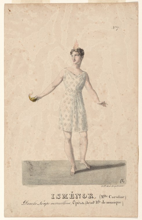 A woman in a neoclassical dress stands alone on a platform, left arm extended outward, head tilted upward in a theatrical pose.