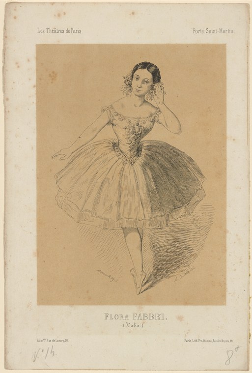 Female ballet dancer in white tulle skirt and decorated bodice, standing in classical pose with raised arm and downward gaze.