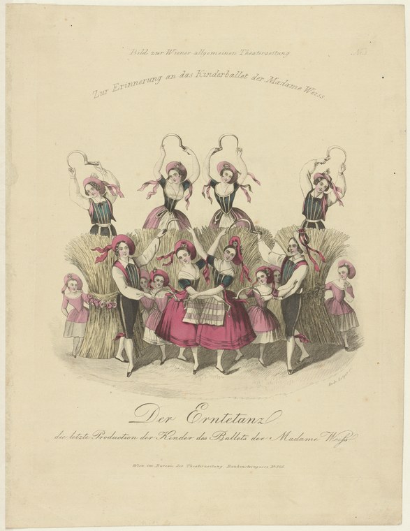 Hand-colored engraving of a group of young girls in pink and white ballet costumes arranged in a circle around a central adult woman, holding curved props.