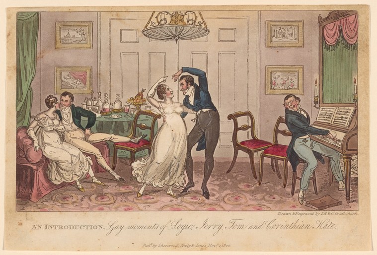 A hand-colored engraving of a Regency drawing room: a gentleman adjusts a young woman's bonnet while musicians play and couples sit on pink furniture.